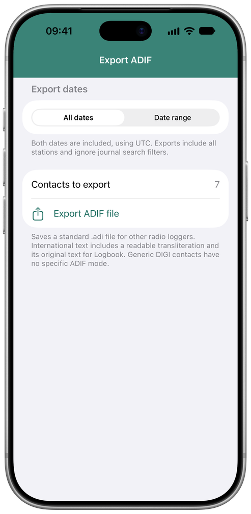 Actual Logbook ADIF export screen with all contacts and UTC date-range options.