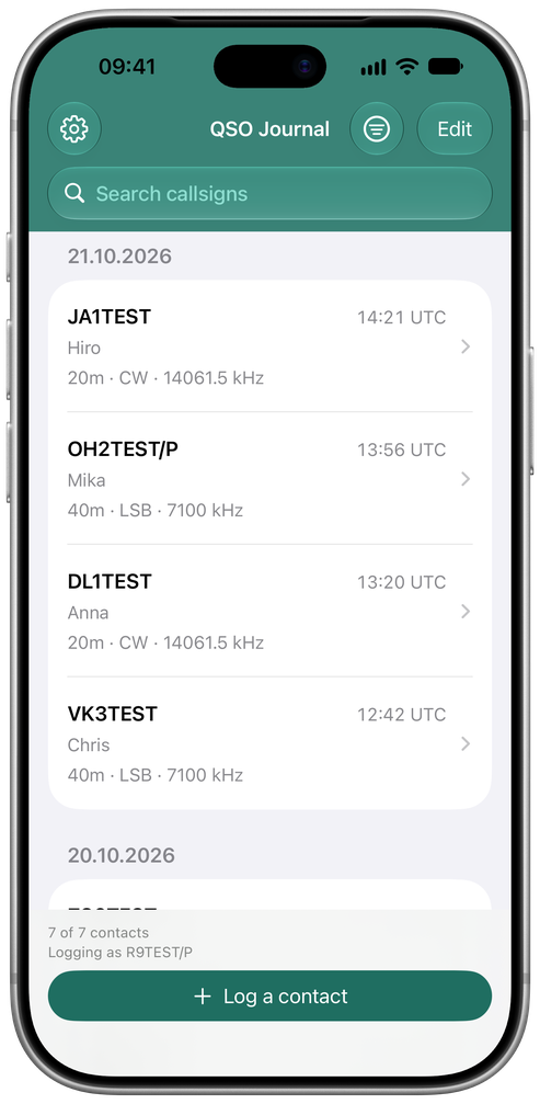 Actual Logbook app showing the QSO journal with callsigns, bands, modes and UTC times.